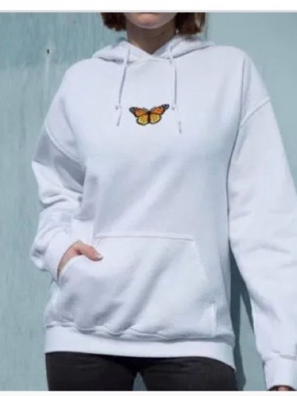 Brandy Melville White Butterfly Hoodie Sweatshirt - One Size